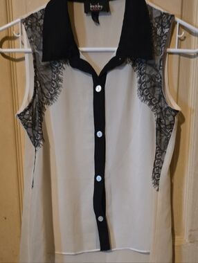 By&ByGirls Size L(14) Lace-Accent Sleeveless Button Front Blouse - Black & White